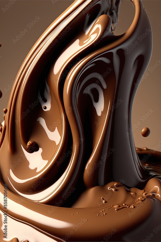 Aufkleber a liquid flowing into a liquid filled with chocolate on a brown background with a drop of water on t