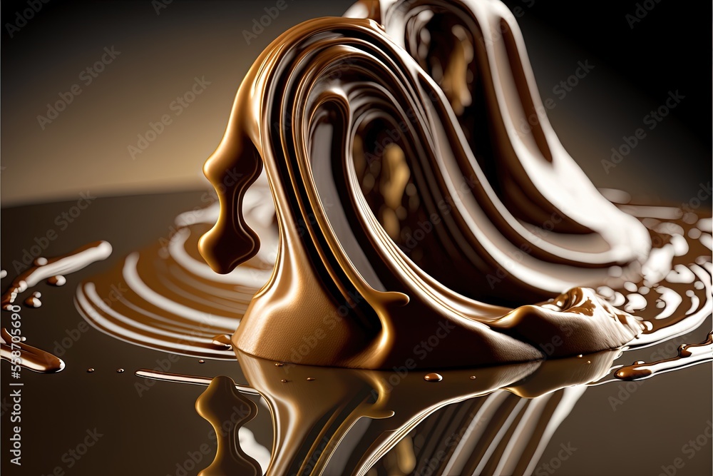 Poster a chocolate liquid swirls into a puddle of liquid on a black surface with a black background and a w