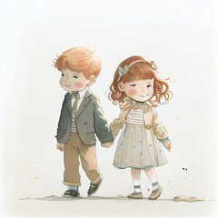 Cartoon. Happy cute little boy and girl holding hands. Generative AI