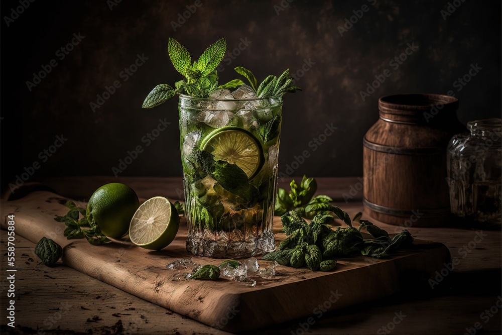 Poster a glass of mojito with limes and mints on a cutting board with a wooden cutting board and a jar of m
