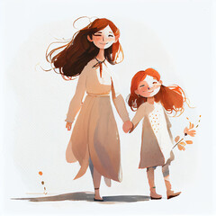 Cartoon. Happy little mother and daughter holding hands. Generative AI