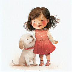 Cartoon cute happy girl having fun with a dog. Generative AI