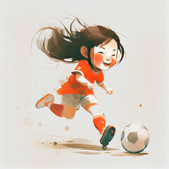 Cartoon cute happy girl playing football. Generative AI