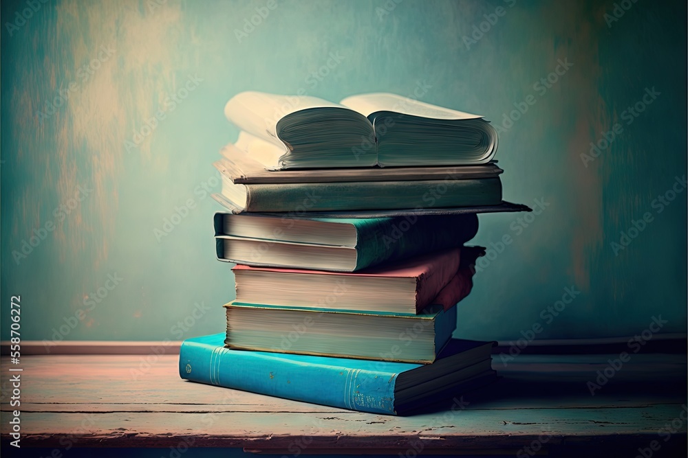 Poster a stack of books sitting on top of each other on a table next to a wall with a green background and 
