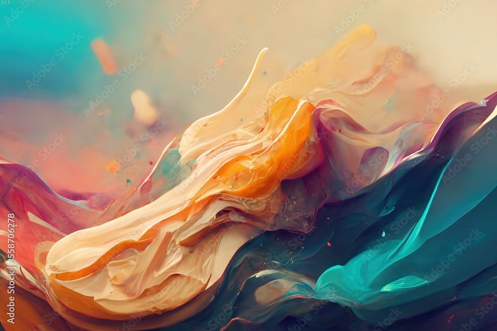 Poster a painting of a colorful wave of paint on a blue background with a yellow and orange swirl on the bo