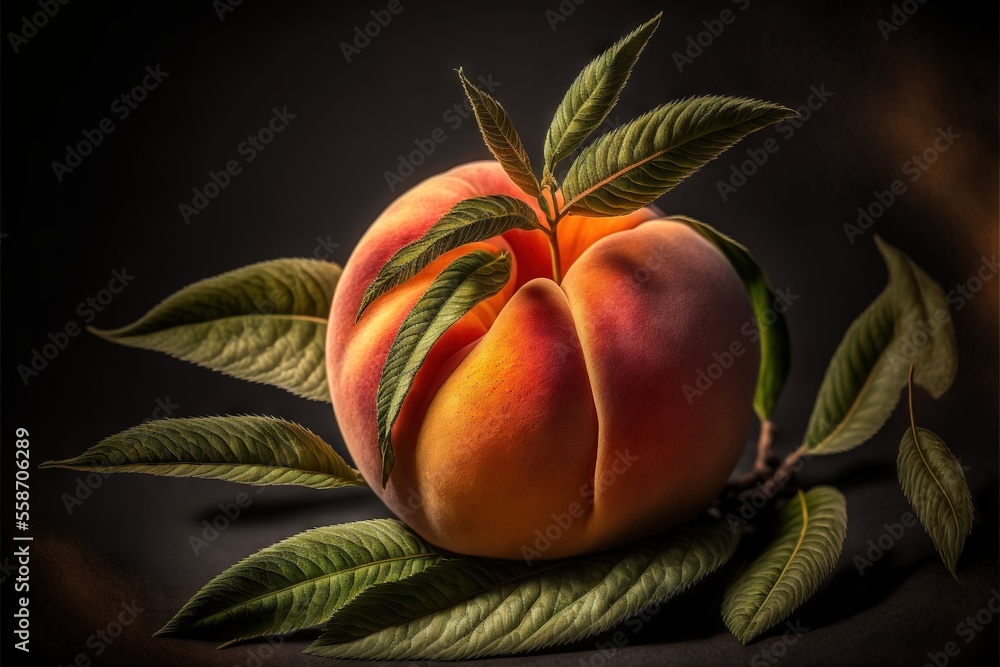 Poster a peach with leaves on a black background with a dark background and a black background with a black