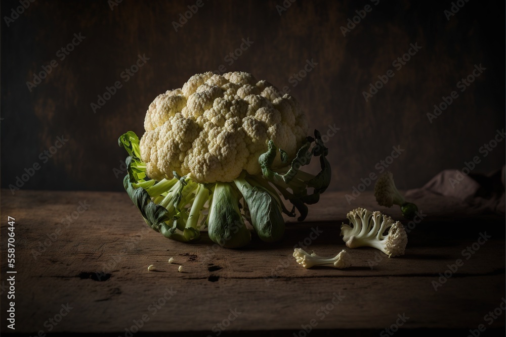 Poster a head of cauliflower with a piece of broccoli next to it on a wooden surface with a cloth on the si