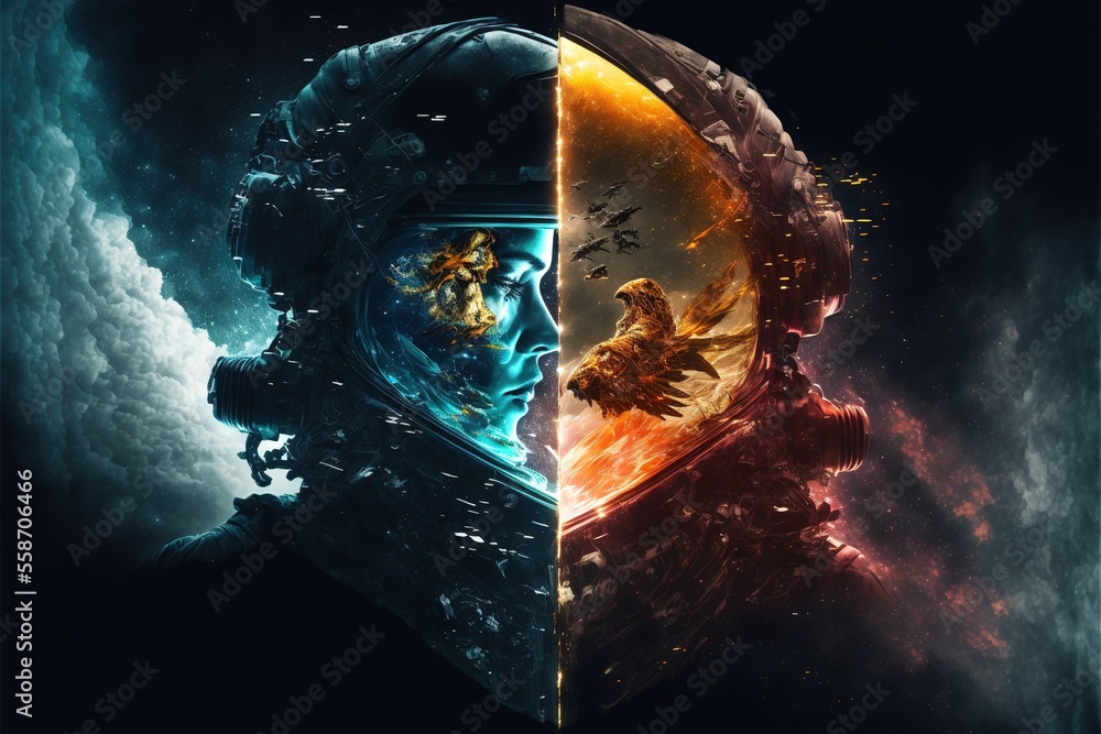 Poster a man in a space suit and a man in a helmet with a bird on his head are facing each other in opposit
