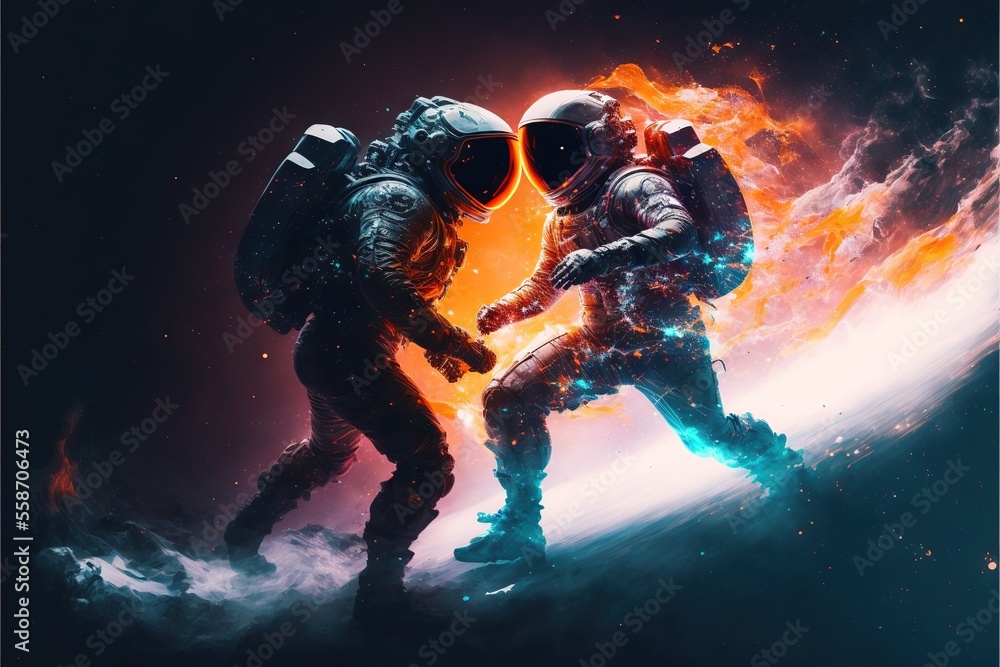 Poster two astronauts in space suits are shaking hands in front of a bright background with a planet in the