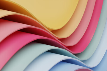 3D rendering of abstract organic waves in yellow, orange, light pink, pink, light green, light blue and blue colours