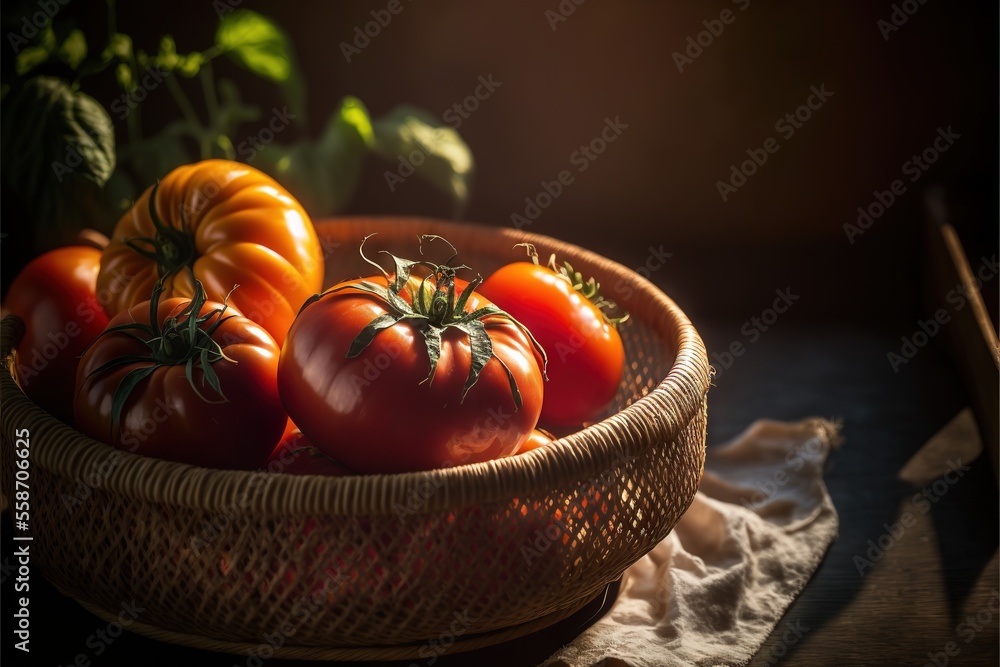 Aufkleber a basket of tomatoes on a table with a cloth on it and a wooden spoon in the background with a cloth