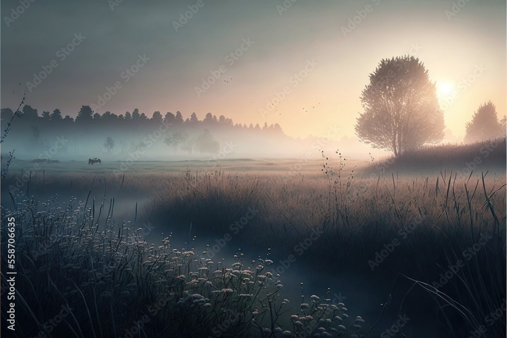 Poster a painting of a foggy field with a tree in the distance and a river running through it with fog in t