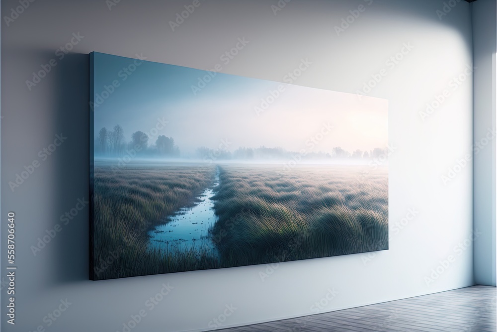 Poster a painting of a river running through a field of grass in the foggy morning light of a foggy day wit