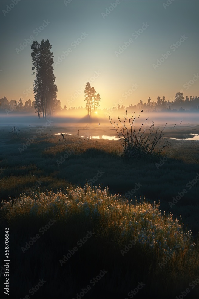 Poster a foggy field with a tree and a lake in the distance at sunset or dawn with the sun setting behind t