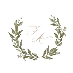 Wedding monogram watercolor leaves JA initial. Watercolor round leaf frame Hand drawn template.