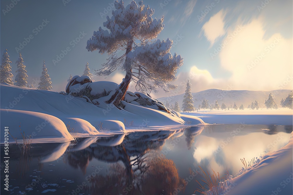Poster a painting of a snowy landscape with a tree and a lake in the foreground and a mountain in the backg
