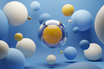 3D render of different sized spheres made of glass and other materials floating on a blue background. Color of spheres: blue, light blue, yellow and white