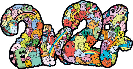 New year 2K24. Monster doodle date. Ornate holiday symbol.