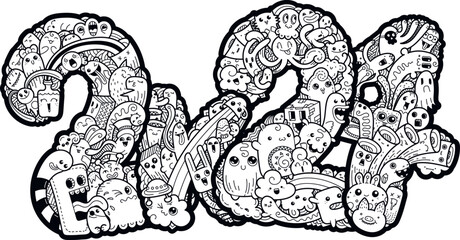 New year 2K24. Monster doodle date. Ornate holiday symbol.