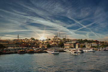 Fototapeta na wymiar Ferries going through the Bosphorus. and bosphorus bridge