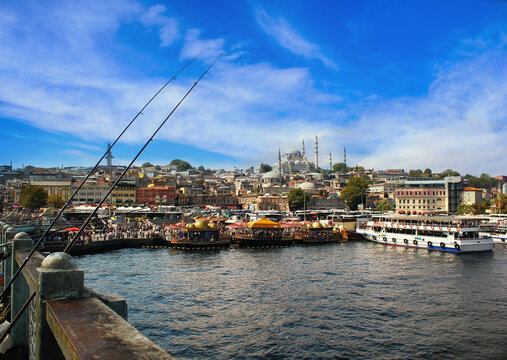 Istanbul Galata district and fishing boats on the beach