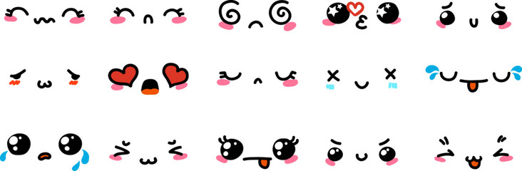 Fototapeta premium Various Cartoon Emoticons Set. Doodle faces, eyes and mouth. Caricature comic expressive emotions, smiling, crying and surprised character face expressions