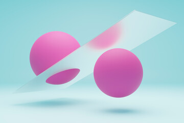 3D render of pink spheres intersected by glass surfaces on a turquoise background