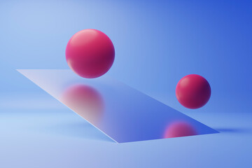 3D render of red shapes intersected by glass surfaces on a blue background