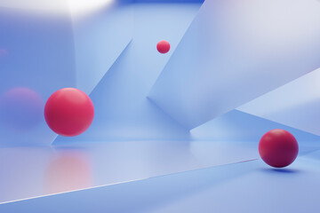 3D render of red shapes intersected by glass surfaces on a blue background