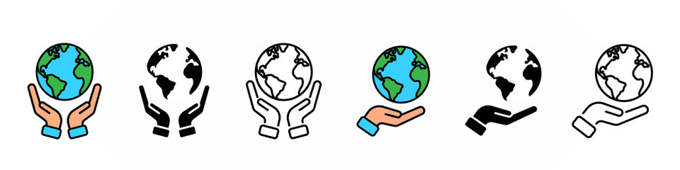 Hand hold earth globe simple line illustration, conceptual icon