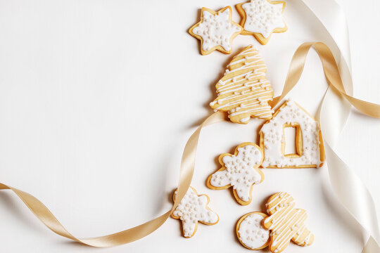Christmas cookies with icing on a white background with ribbon