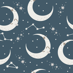 Seamless vector pattern. Moon and Crescent Moon and stars. Magical background, night sky. Moon with a cute face, sleeping planet 