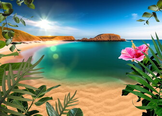 Fototapeta na wymiar mediterranean sea, blue water and sky, white beach, sand and flowers with plant tropical natural landscape