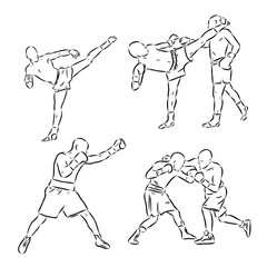 Hand sketch vector of Muay Thai or Thai Boxing. Beautiful martial art that use body parts to fight against each other. Self defense art. High kick but get defended with arm.