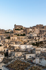 Fototapeta na wymiar View at the old town - Sasso Caveoso - of Matera during sunrise Basilicata, Italy - Euope