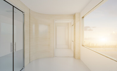 Modern office building interior. 3D rendering.. Sunset.