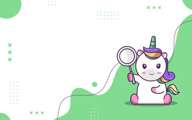 Cute background of cute unicorn character,unicorn holding a magnifying glass, suitable for social media and business posts