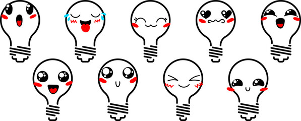 Set of Various Cartoon Bulbs with Emoticons. Doodle lightbulb, ideas, eyes and mouth. Caricature comic expressive emotions, smiling, crying and surprised character face expressions