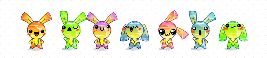 Raimbow Rabbits. Emoticons, doodle faces, eyes and mouth. Caricature comic expressive emotions, smiling, crying and surprised character face expressions
