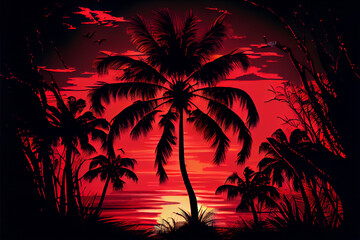Fototapeta na wymiar palm tree at red sunset with reflection on the sea made by Generative AI