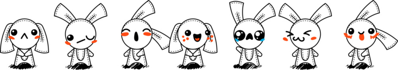 Outline Cartoon Rabbits. Emoticons, doodle faces, eyes and mouth. Caricature comic expressive emotions, smiling, crying and surprised character face expressions