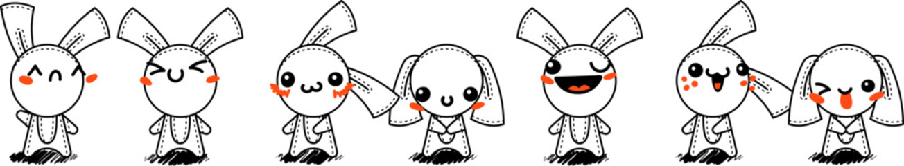 Outline Cartoon Rabbits. Emoticons, doodle faces, eyes and mouth. Caricature comic expressive emotions, smiling, crying and surprised character face expressions