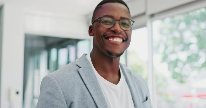 Face, hand and ok with a business black man gesture to say yes or perfect while walking in the office. Portrait, sign and okay with a happy male employee taking a walk at work while feeling positive
