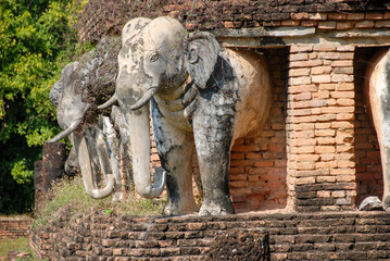 Close-up of elephant sculpture at buddhist temple Wat Sorasak, Sukhothai, Thailand