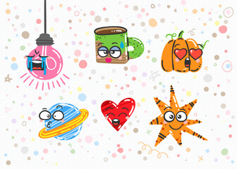 Set of Various Cartoon Elements with Emoticons. Doodle faces, eyes and mouth. Caricature comic expressive emotions, smiling, crying and surprised character face expressions