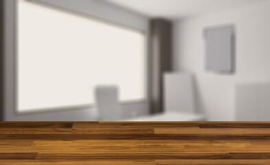 Modern office building interior. 3D rendering.. Mockup.   Empty. Background with empty wooden table. Flooring.