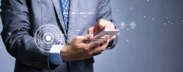 background image of a businessman holding a mobile phone with a beautiful icon in the style of AI technology data detection and search with AI systems connected to every corner of the world