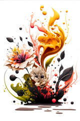 Colorful Arrangement of Flowers with Liquid paint splashes. On an isolated White background. Generative Ai