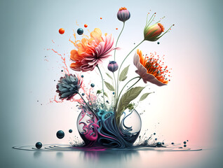 Colorful Arrangement of Flowers with Liquid paint splashes. On an isolated White background.
Generative Ai
