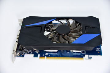 Blue graphics card with one fan on a white background. Accessories for computers. An electronic device.
